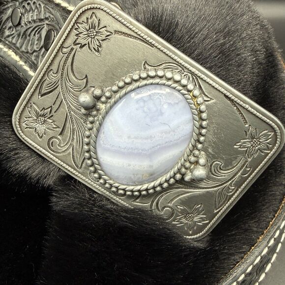 Vtg Tory Black Western Leather Belt Agate Removable Buckle Sz 32 USA Cowhide